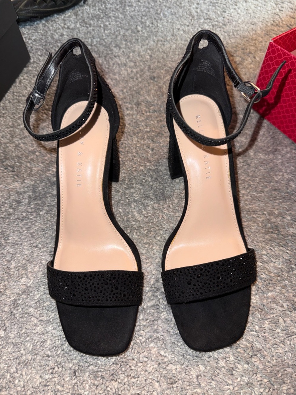 Kelly & Katie Black Ankle-Strap Block Heel Sandals with Rhinestone Front Strap